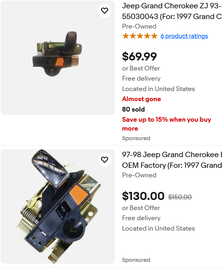 Interior Door Handles - 93-98 Jeep Grand Cherokee ZJ - -BOTH SIDES- Chrome & Black