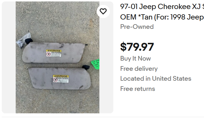 USED Sun Visors - 1991-2001 Jeep Cherokee XJ