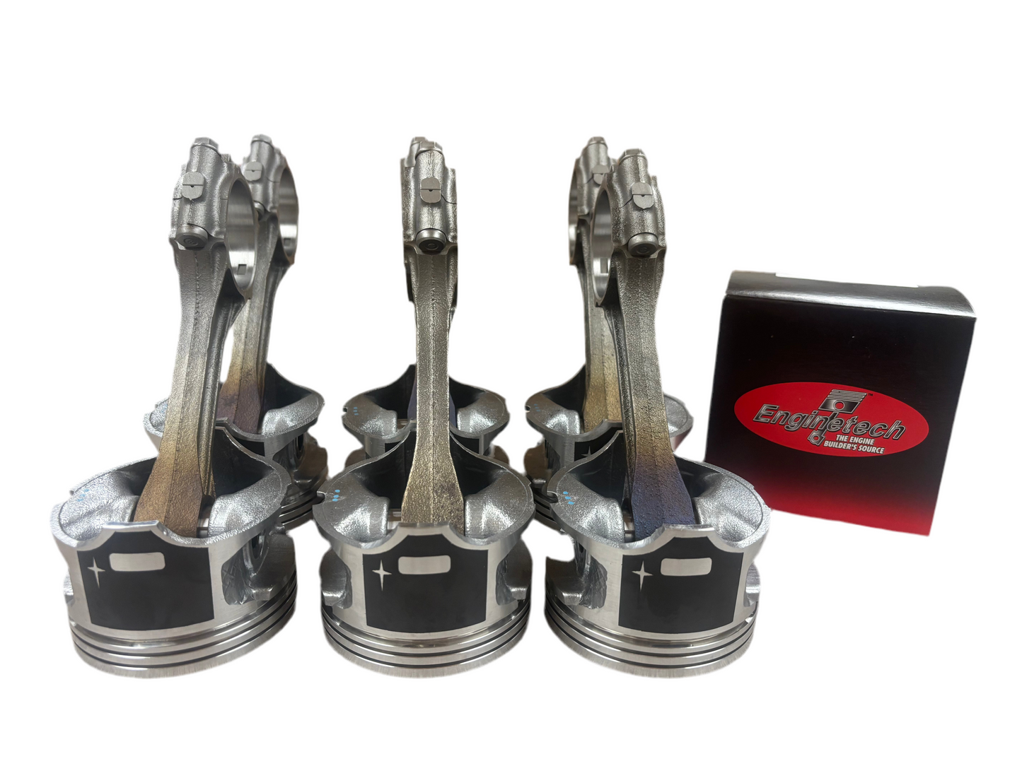 New 4.0 Pistons Pre-Assembled on Used Rods. Full Set with New Rings. New Brands Available.