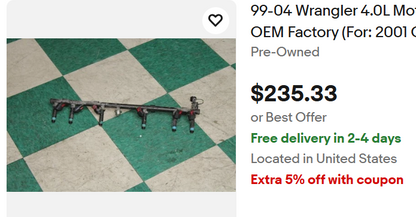 Jeep 4.0 OEM Factory Fuel Rails WITH Injestors. **ALL YEARS**