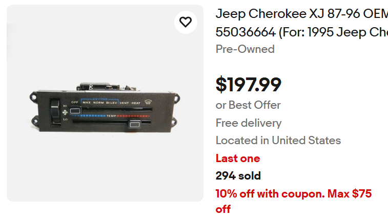 A/C & Heater Control - HVAC Controller - 1987? - 1996 - Jeep Cherokee XJ