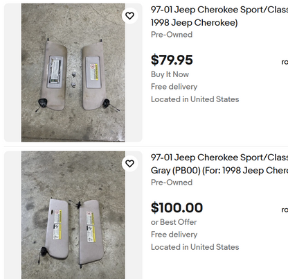 USED Sun Visors  - 1991-2001 Jeep Cherokee XJ
