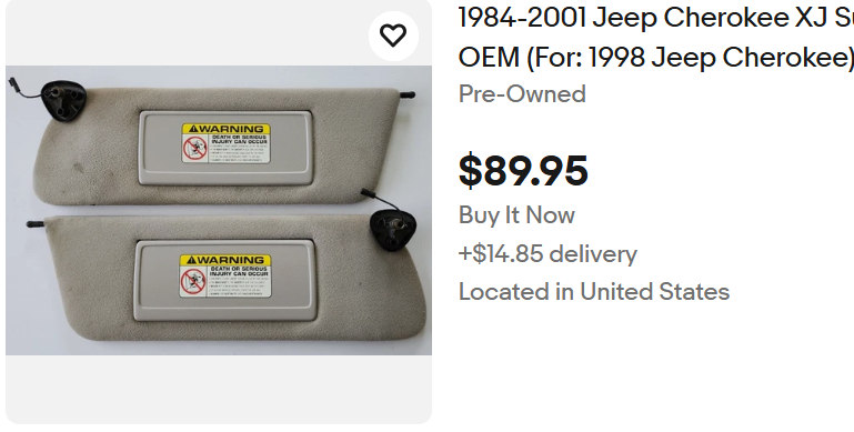 USED Sun Visors  - 1991-2001 Jeep Cherokee XJ